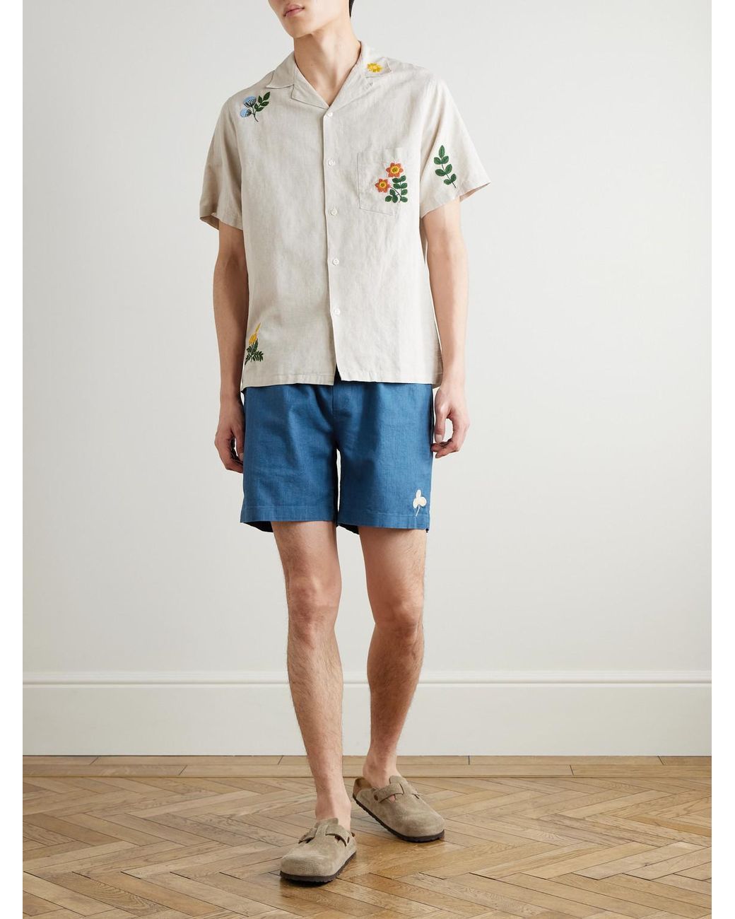 Portuguese Flannel Blue Straight-Leg Embroidered Ramie Drawstring Shorts for men