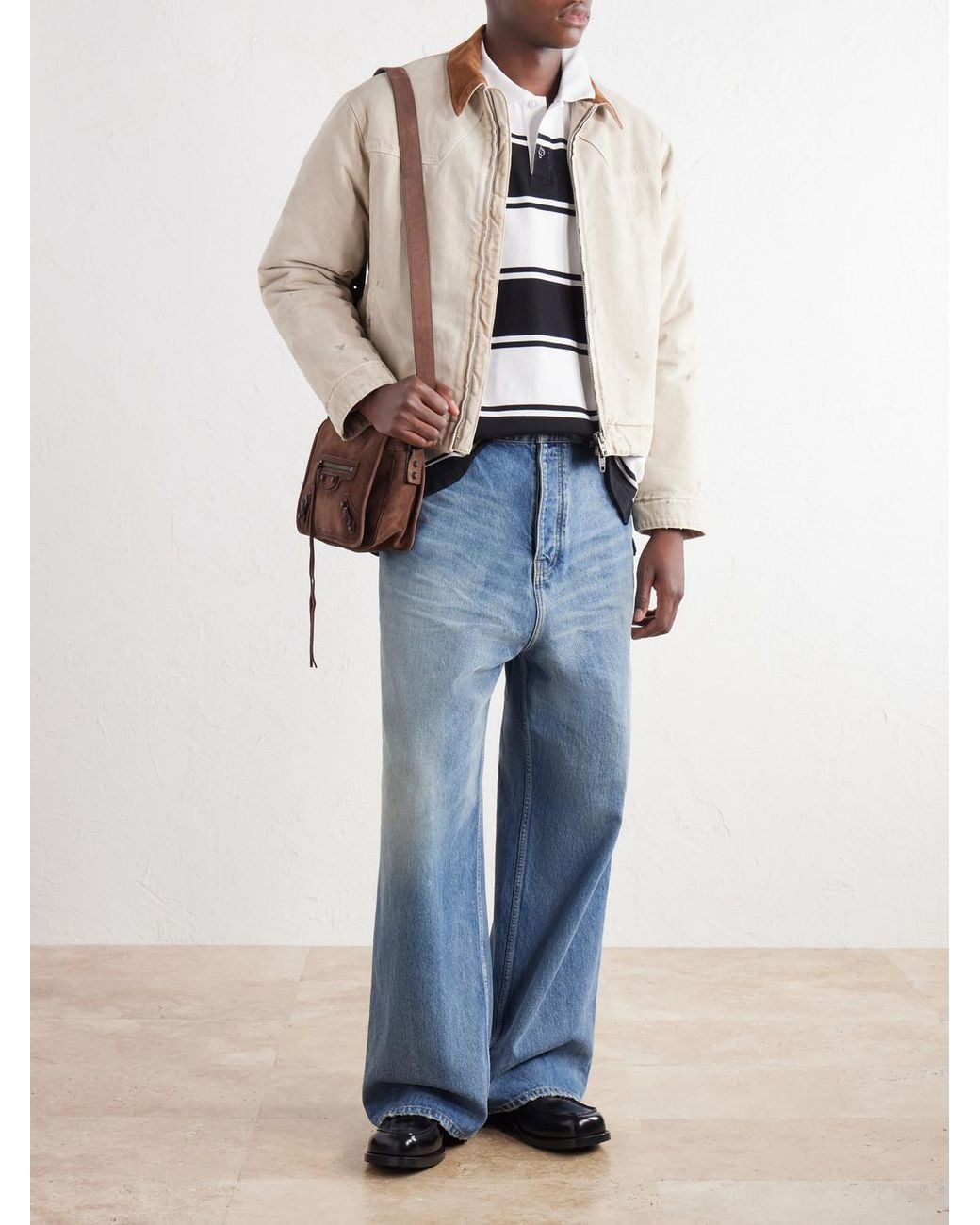 Balenciaga Natural Logo-Embroidered Corduroy-Trimmed Paint-Splattered Denim Jacket for men