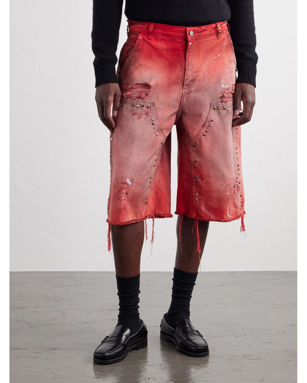 Satoshi Nakamoto Red Danny's Straight-Leg Embellished Distressed Denim Shorts for men