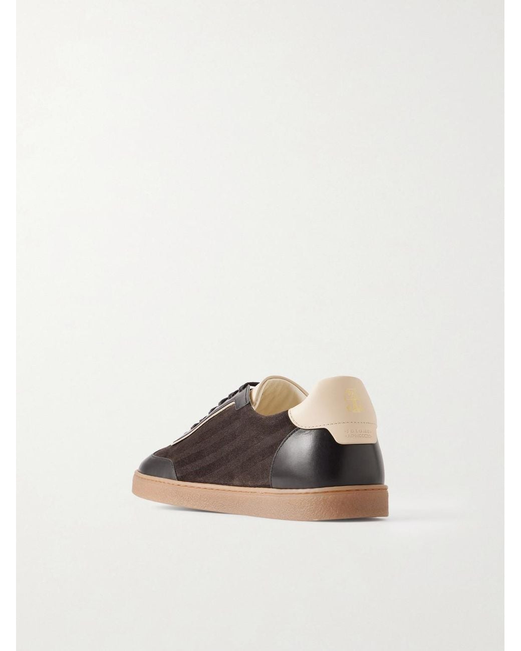 Brunello Cucinelli Brown Leather-Trimmed Waxed Herringbone-Printed Suede Sneakers for men