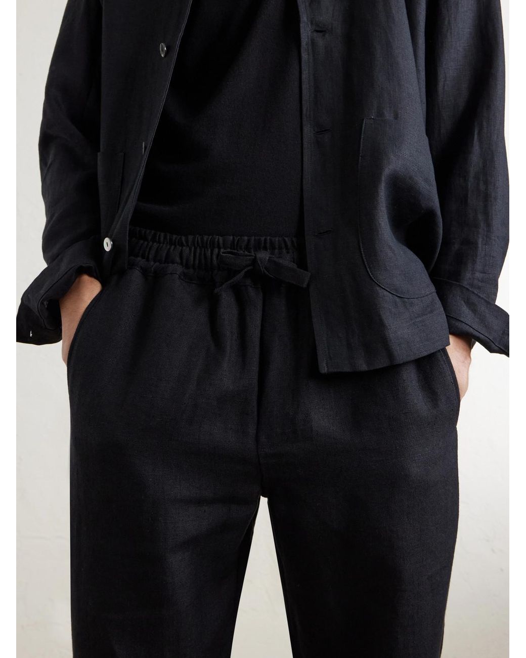 Saman Amel Black Straight-Leg Linen Trousers for men