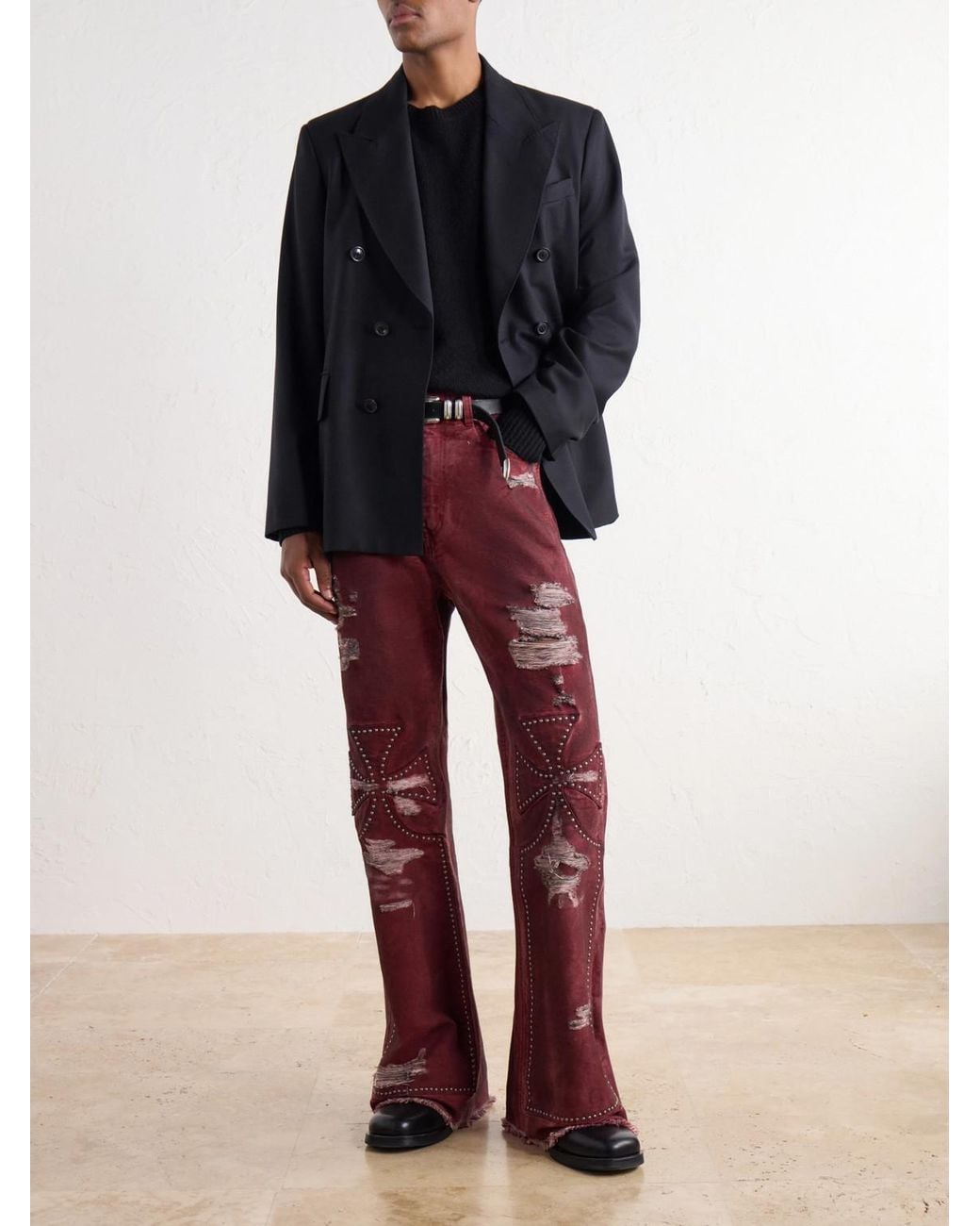 SEKRIT Studded Chopper Flared Distressed Panelled Jeans for men