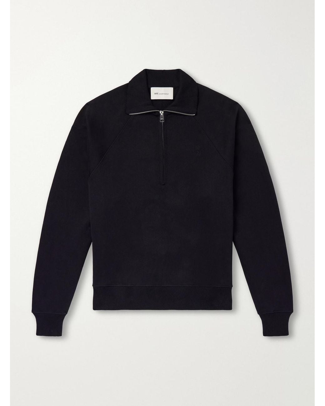 AMI Blue Logo-Embroidered Cotton-Jersey Half-Zip Sweatshirt for men