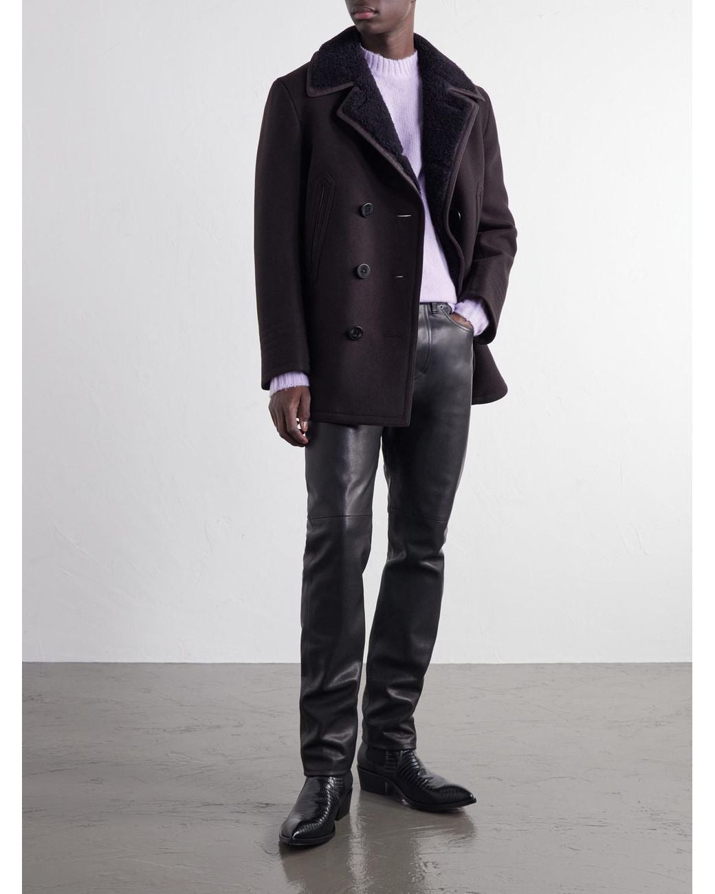Tom Ford Black Shearling And Leather-Trimmed Woven Wool-Blend Coat for men