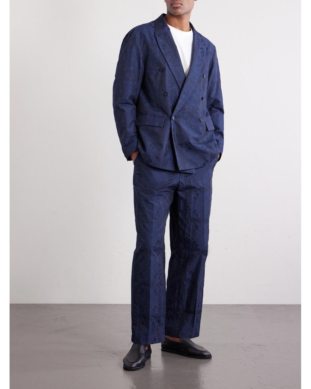 Blue Blue Japan Blue Double-breasted Cotton-blend Jacquard Suit Jacket for men