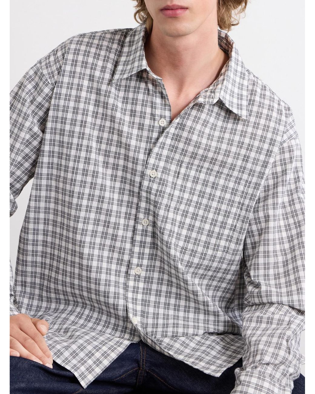 mfpen Gray Executive Checked Cotton-Blend Poplin Shirt for men