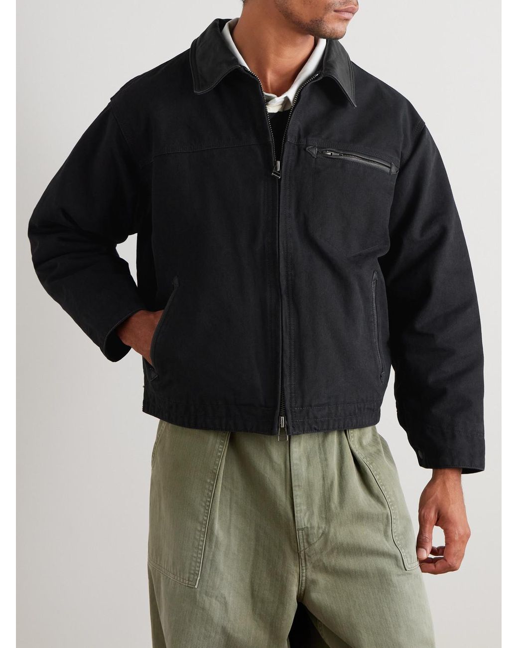 FRIZMWORKS Leather-Trimmed Distressed Padded Cotton-Canvas Jacket in Black für Herren