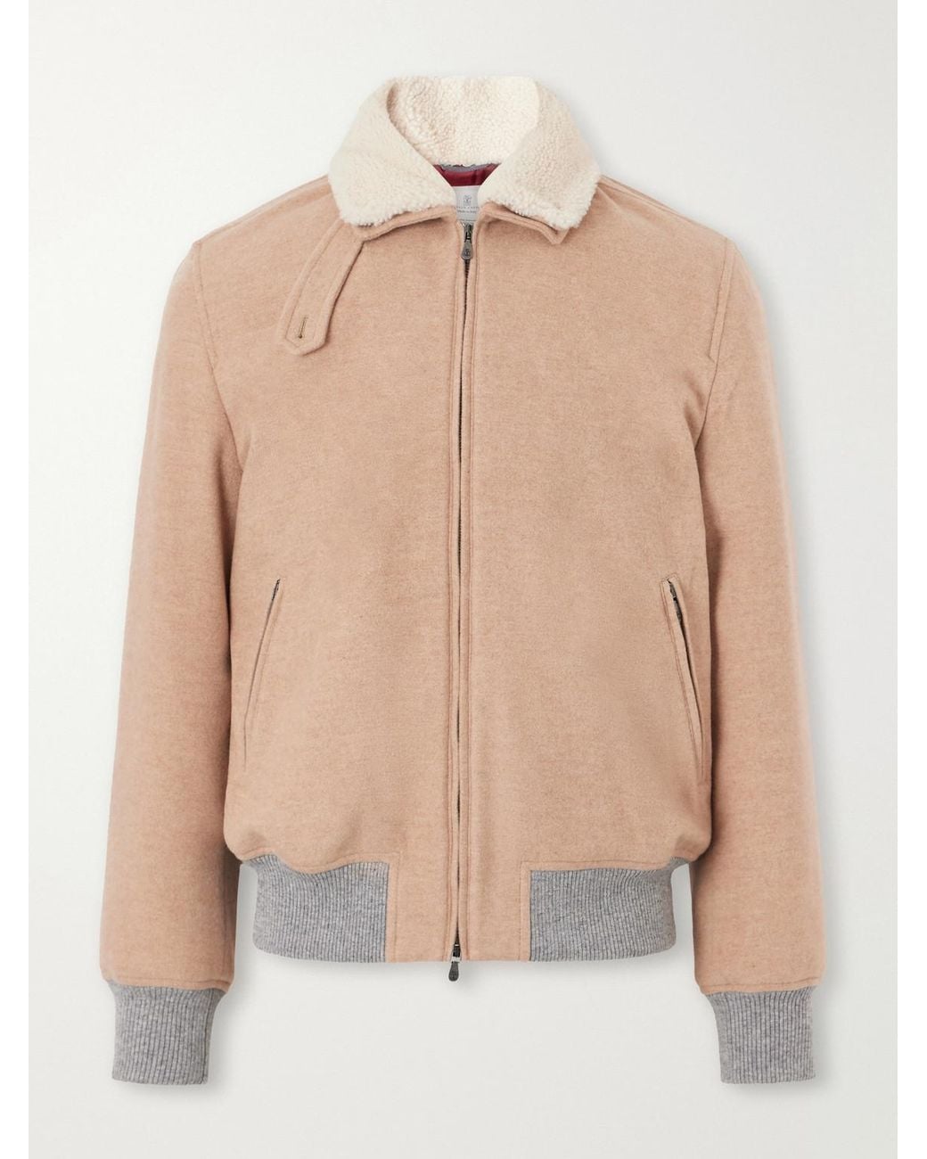 Brunello Cucinelli Natural Shearling-Trimmed Cashmere Bomber Jacket for men