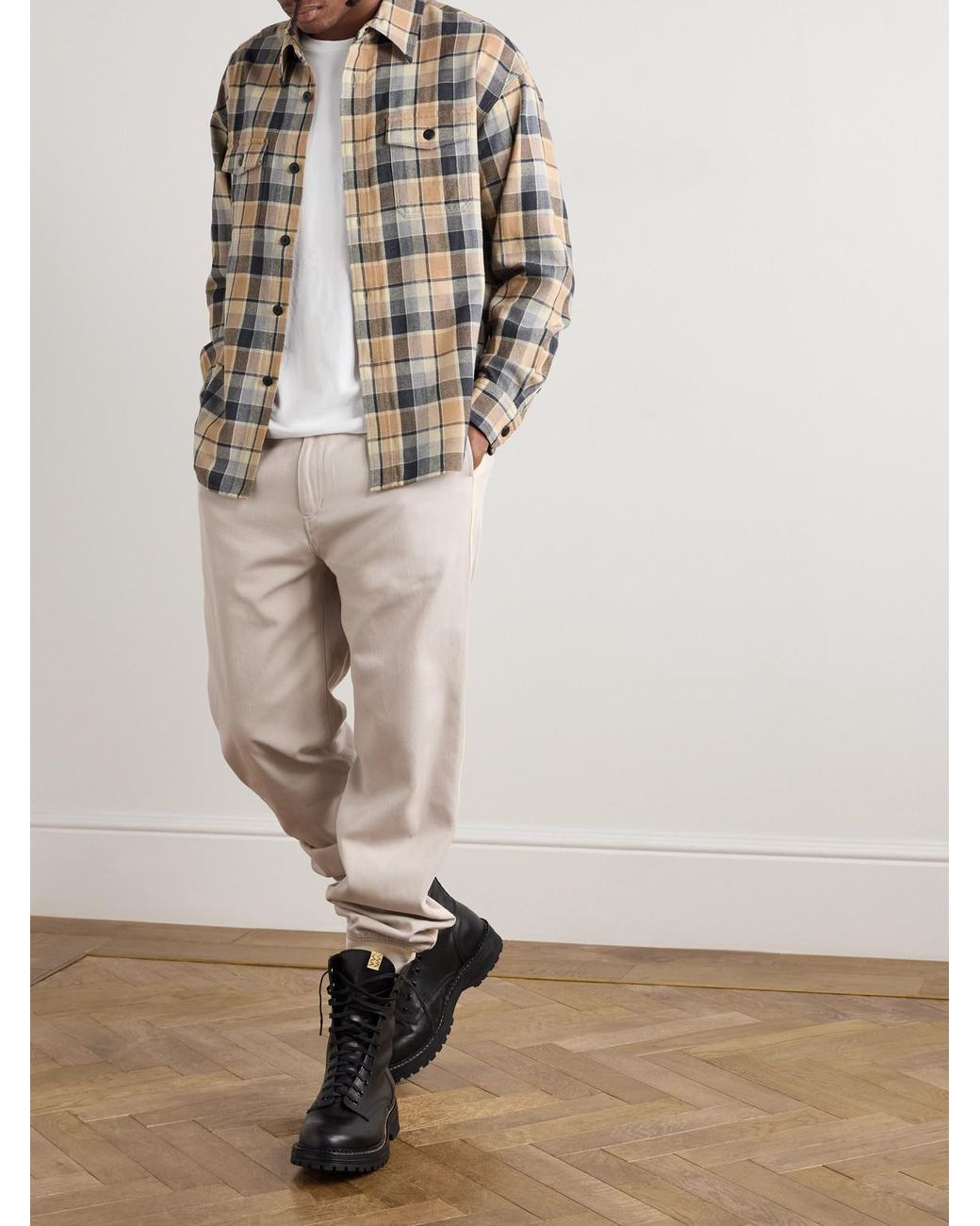 Visvim Natural Bertone Tapered Grosgrain-striped Cotton-twill Trousers for men