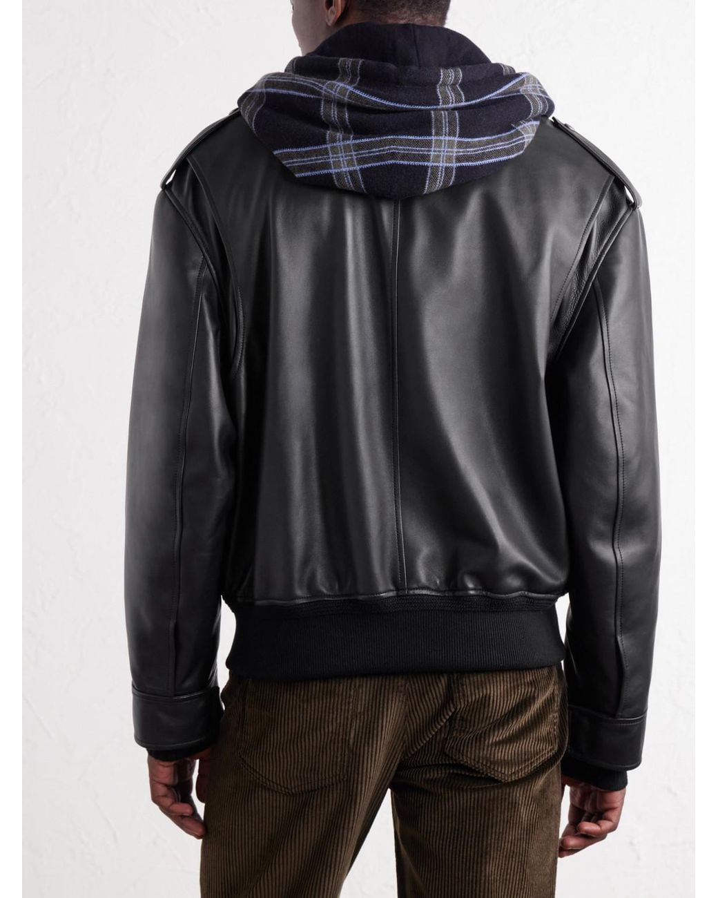 Loewe Black Hooded Checked Knit-Trimmed Leather Jacket for men