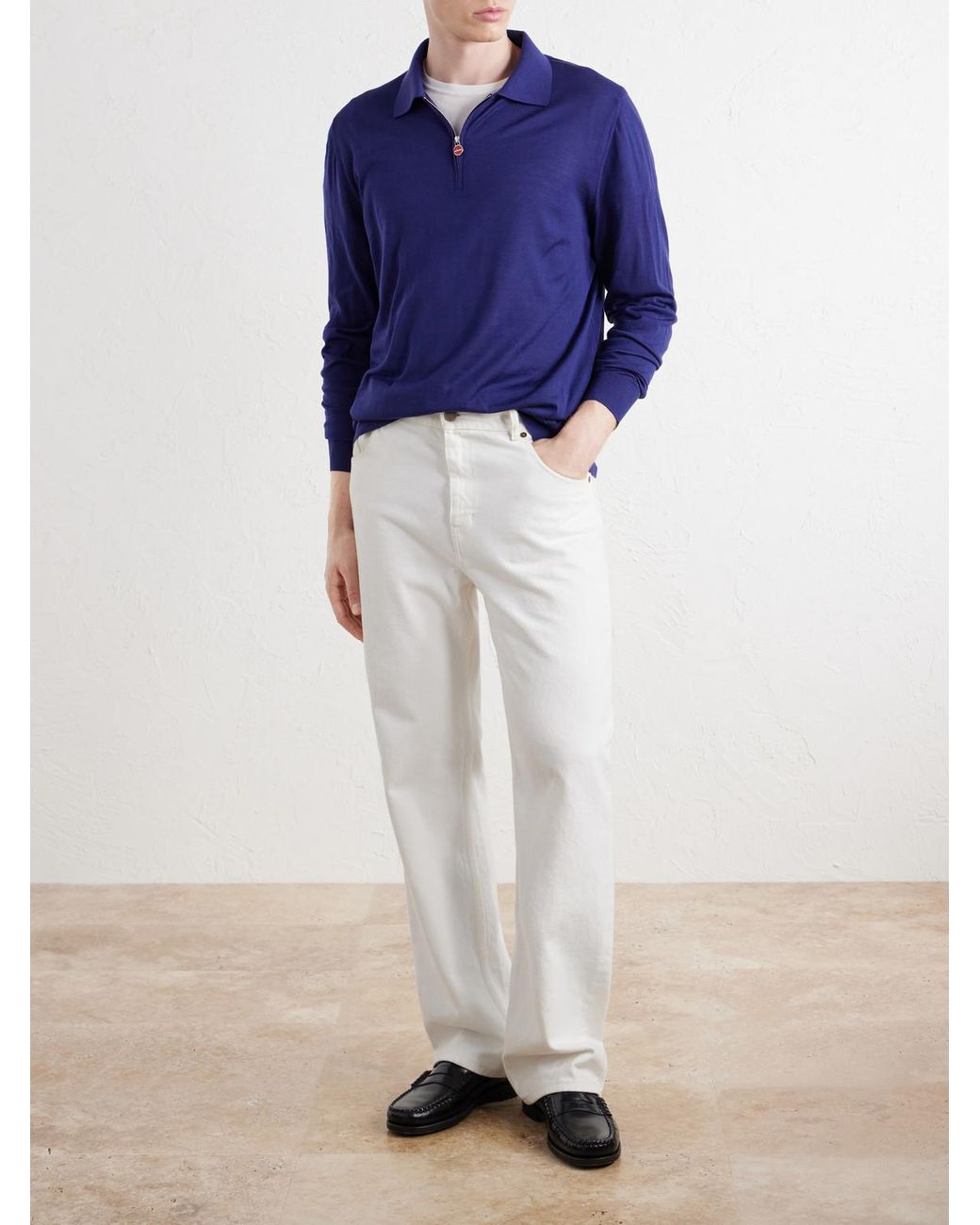 Kiton Blue Wool Half-Zip Sweater for men