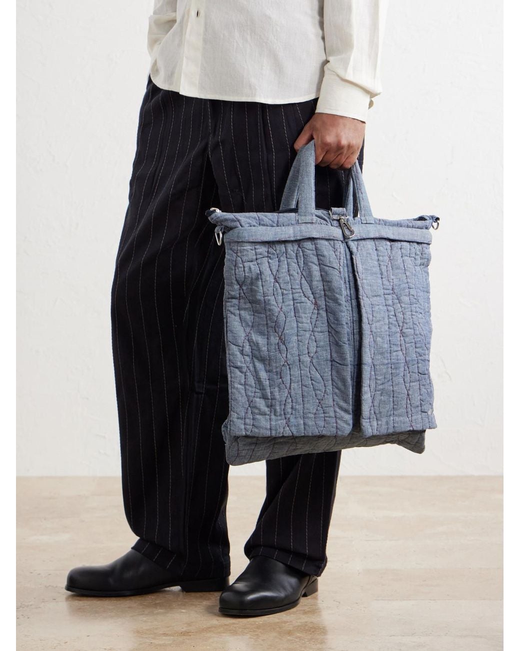 Kardo Blue Embroidered Cotton-Chambray Tote Bag for men