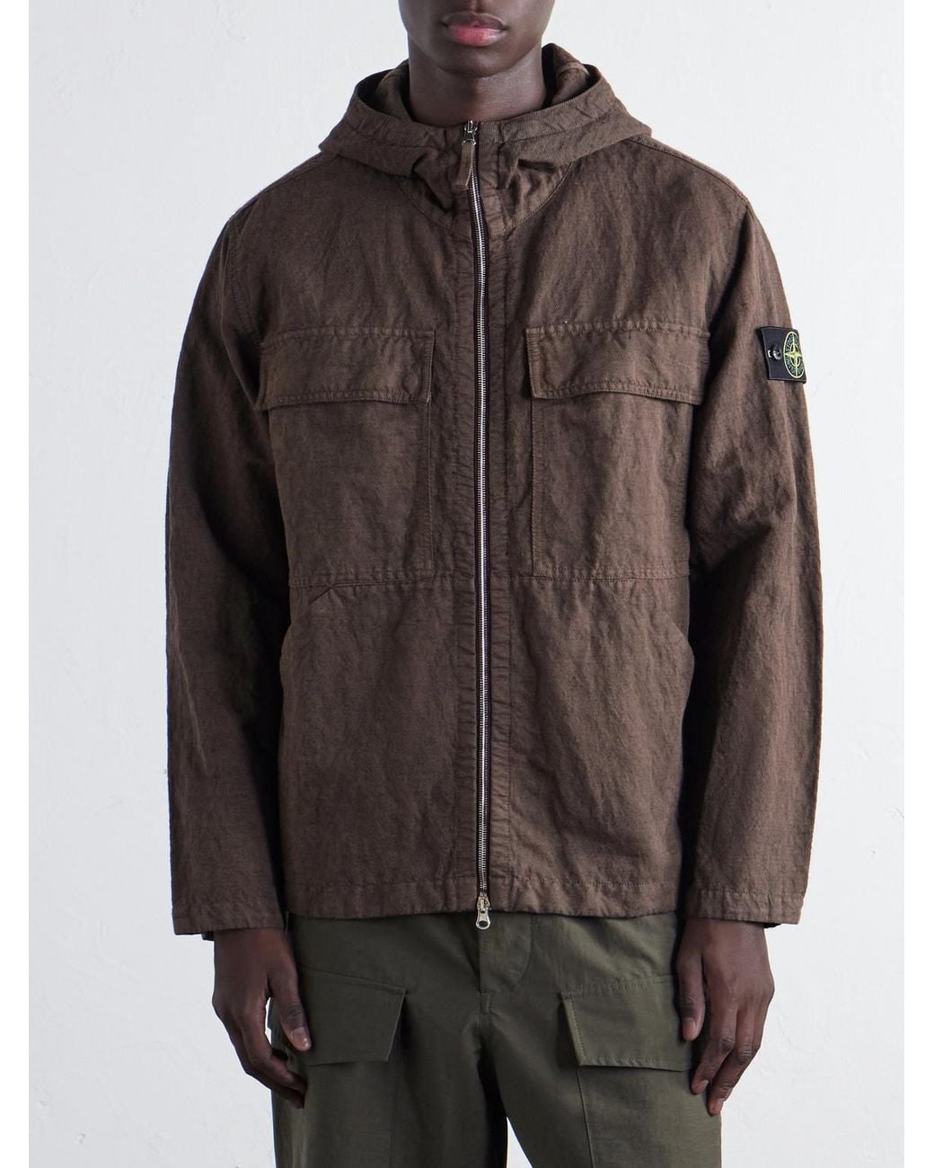 Stone Island Brown Hooded Garment-Dyed Diagonal Cotton Wool-Tc Jacket for men