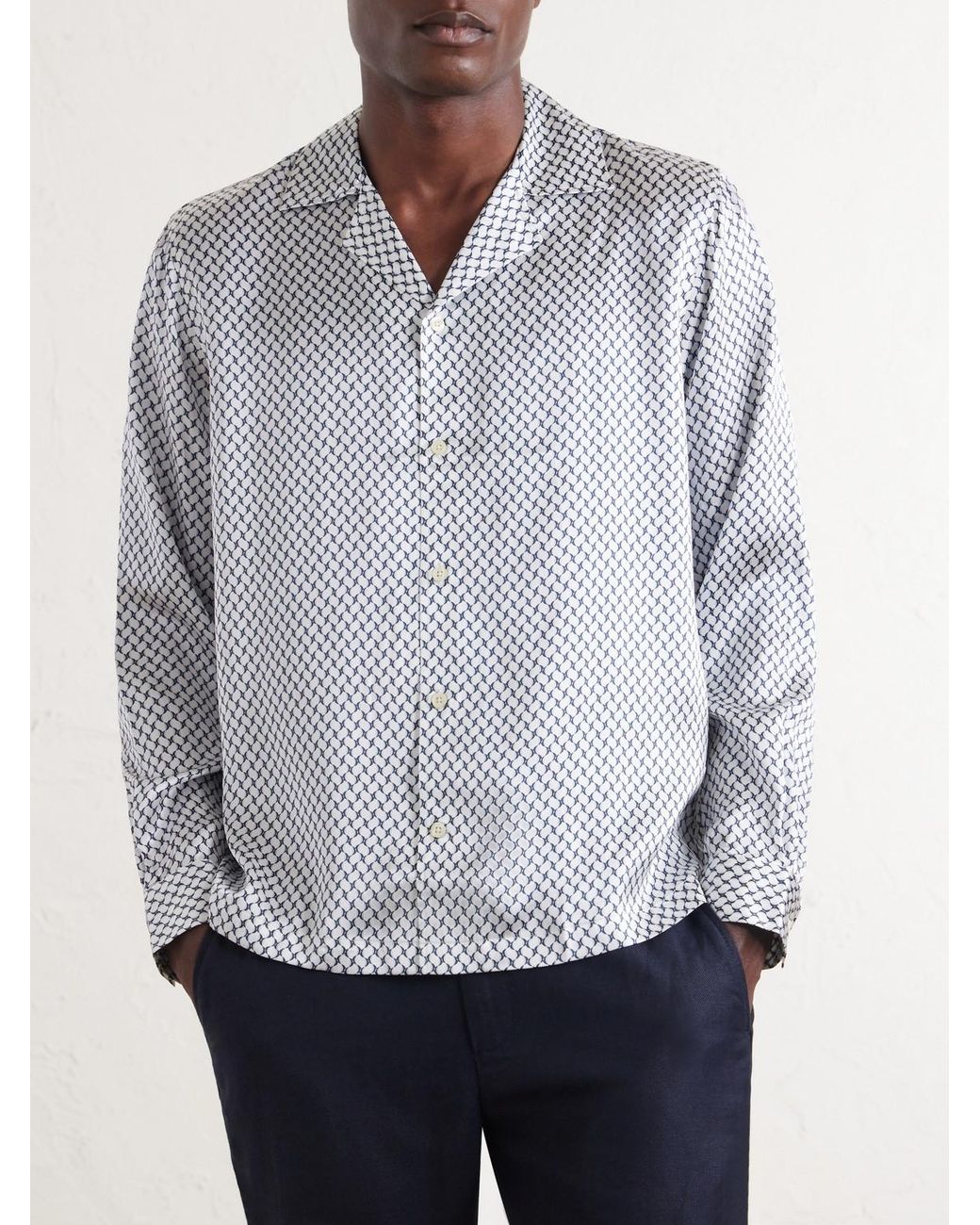 Frescobol Carioca Gray Safra Camp-collar Printed Silk-satin Shirt for men