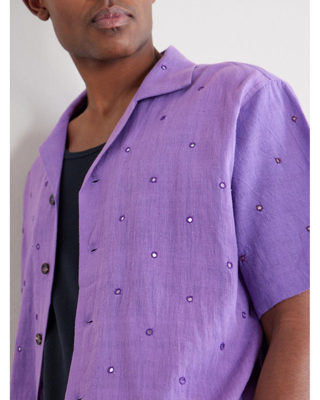 Kartik Research Purple Camp-collar Embellished Cotton Shirt for men