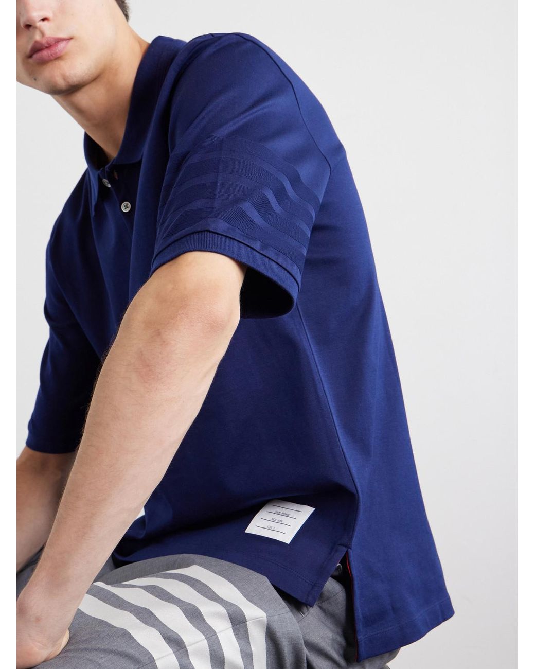 Thom Browne Blue Striped Logo-Appliqué Cotton-Jersey Polo Shirt for men