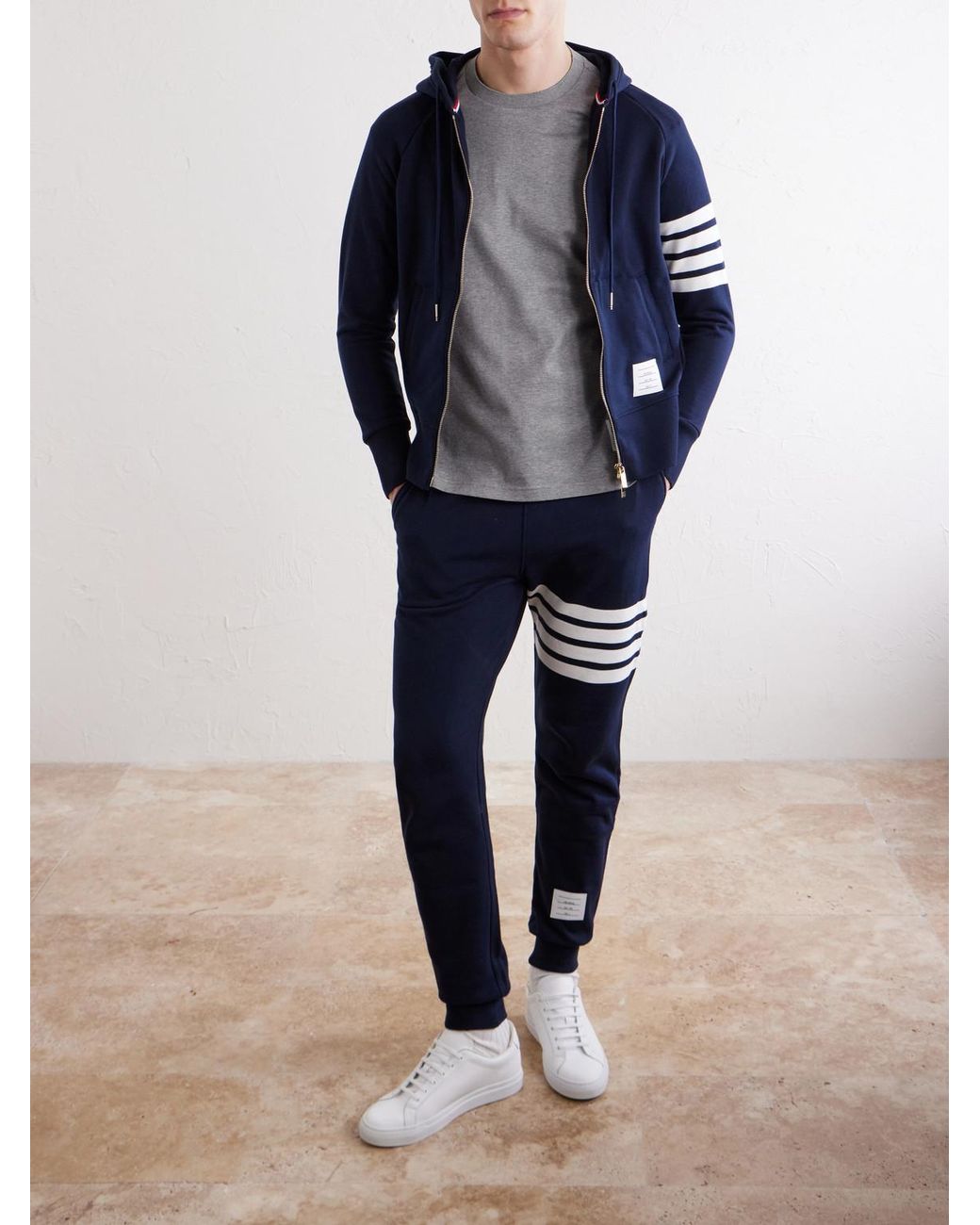 Thom Browne Gray Logo-Appliquéd Striped Cotton-Jersey T-Shirt for men