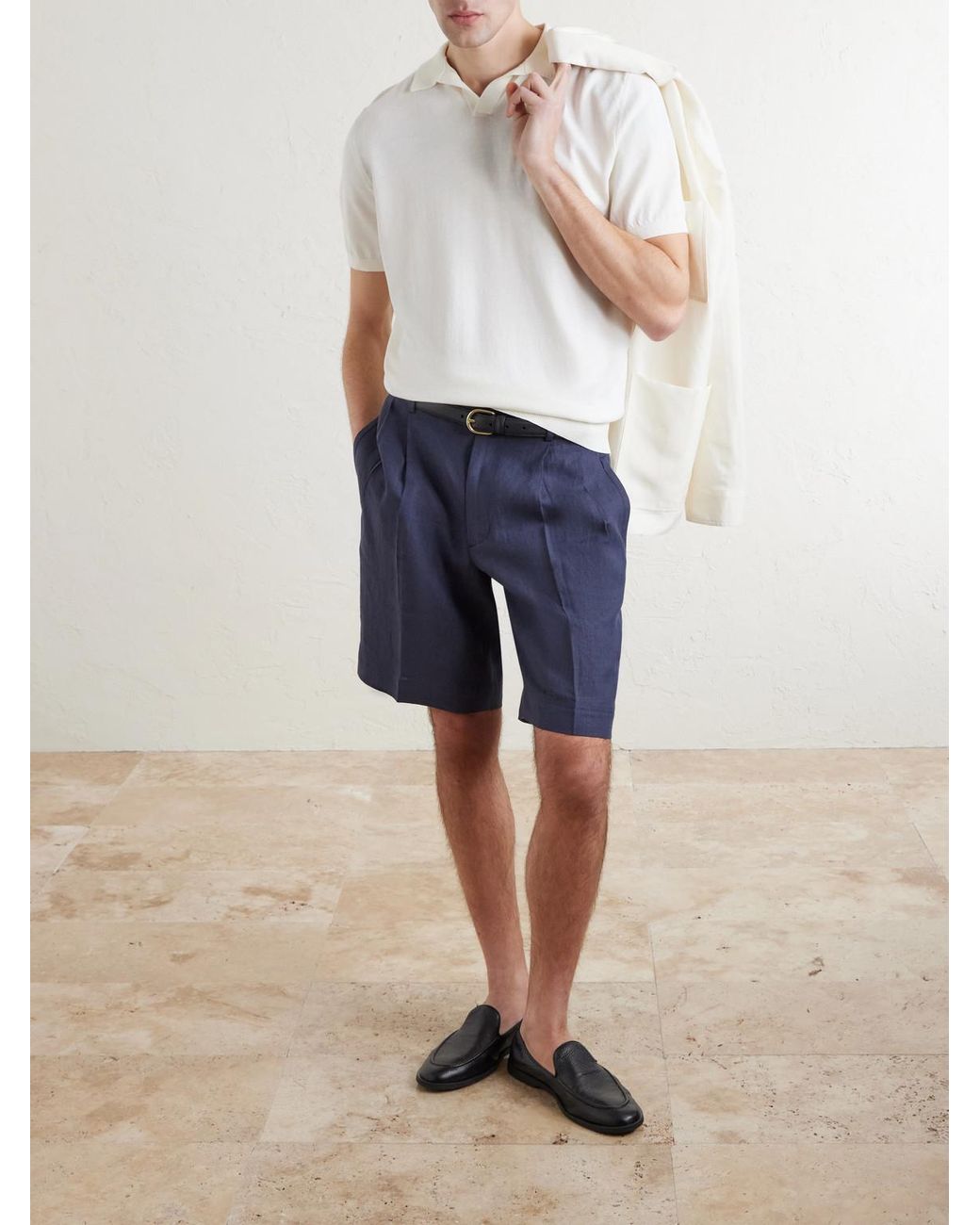 Rubinacci Blue Straight-leg Pleated Linen Shorts for men