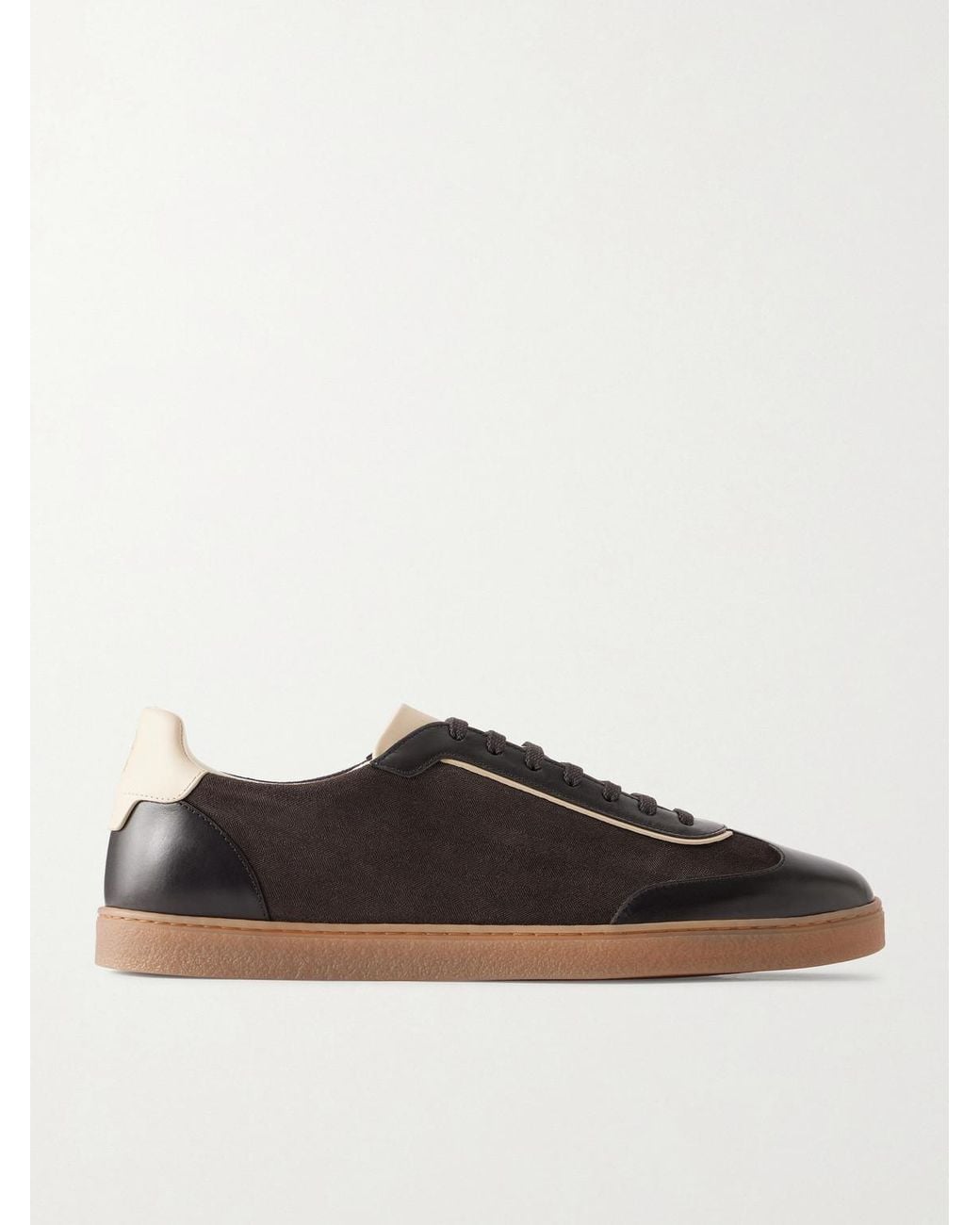 Brunello Cucinelli Brown Leather-Trimmed Waxed Herringbone-Printed Suede Sneakers for men