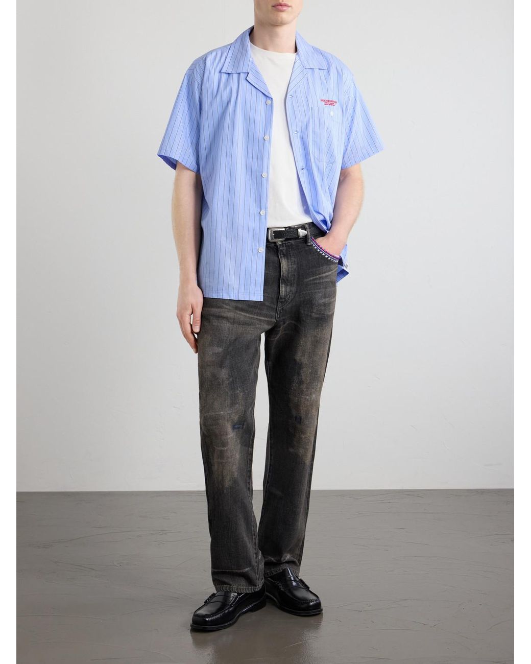 Neighborhood Gray Savage Straight -Leg Bead-Embellished Distressed Jeans for men