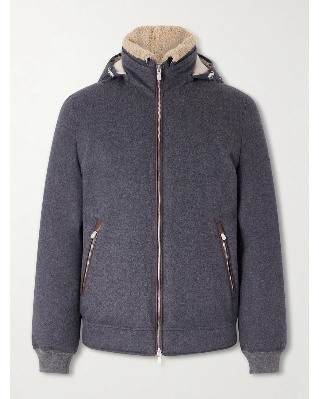 Brunello Cucinelli Blue Shearling-Trimmed Wool Hooded Down Jacket for men