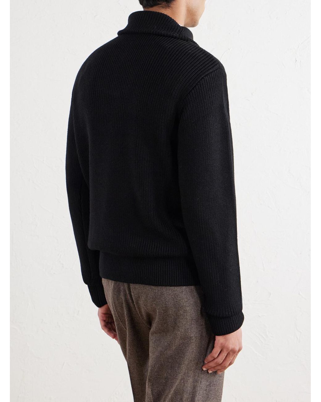 Officine Generale Black Tarek Ribbed Merino Wool Half-Zip Sweater for men