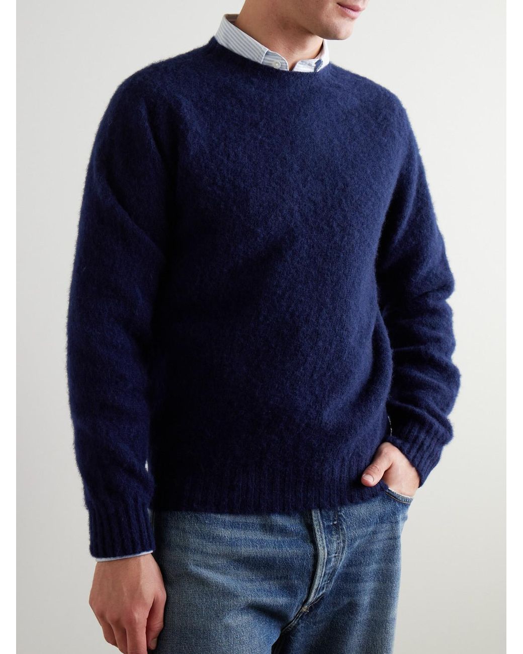 Drake's Blue Brushed Shetland Wool Sweater for men