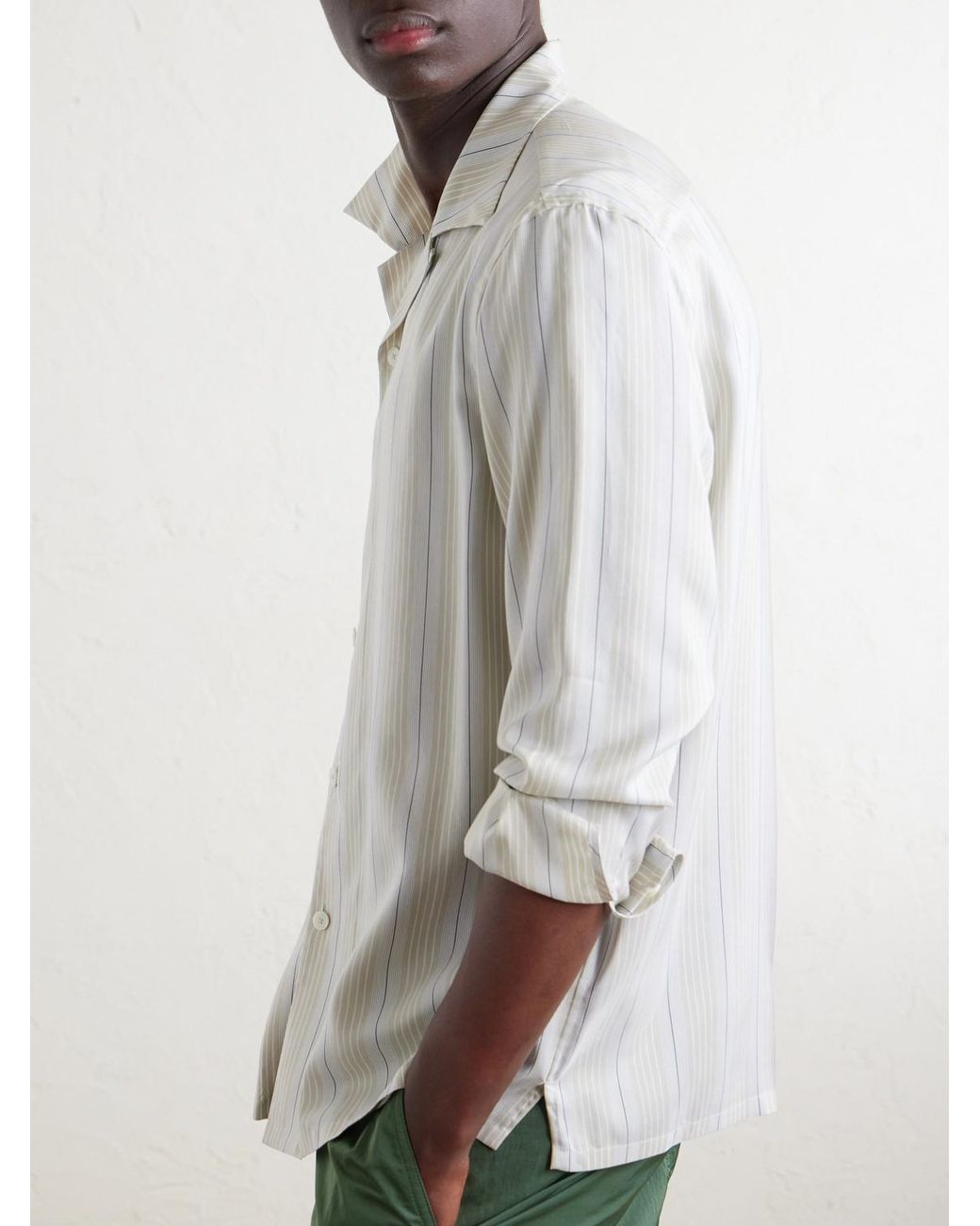 Zegna White Striped Camp-collar Silk Shirt for men