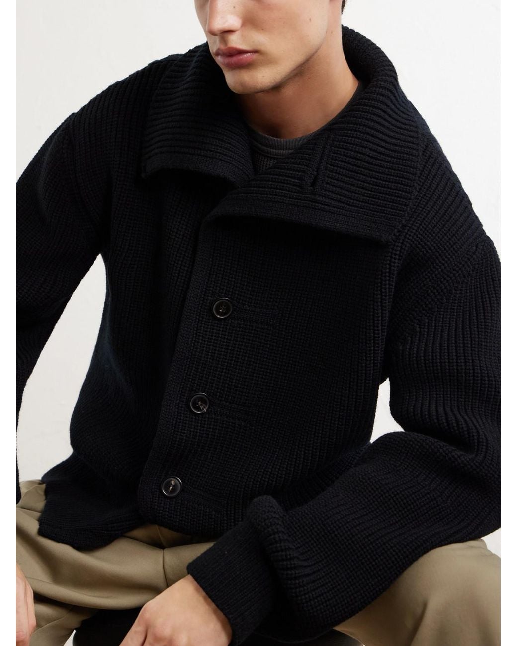 Dries Van Noten Blue Shawl-Collar Ribbed Wool Cardigan for men