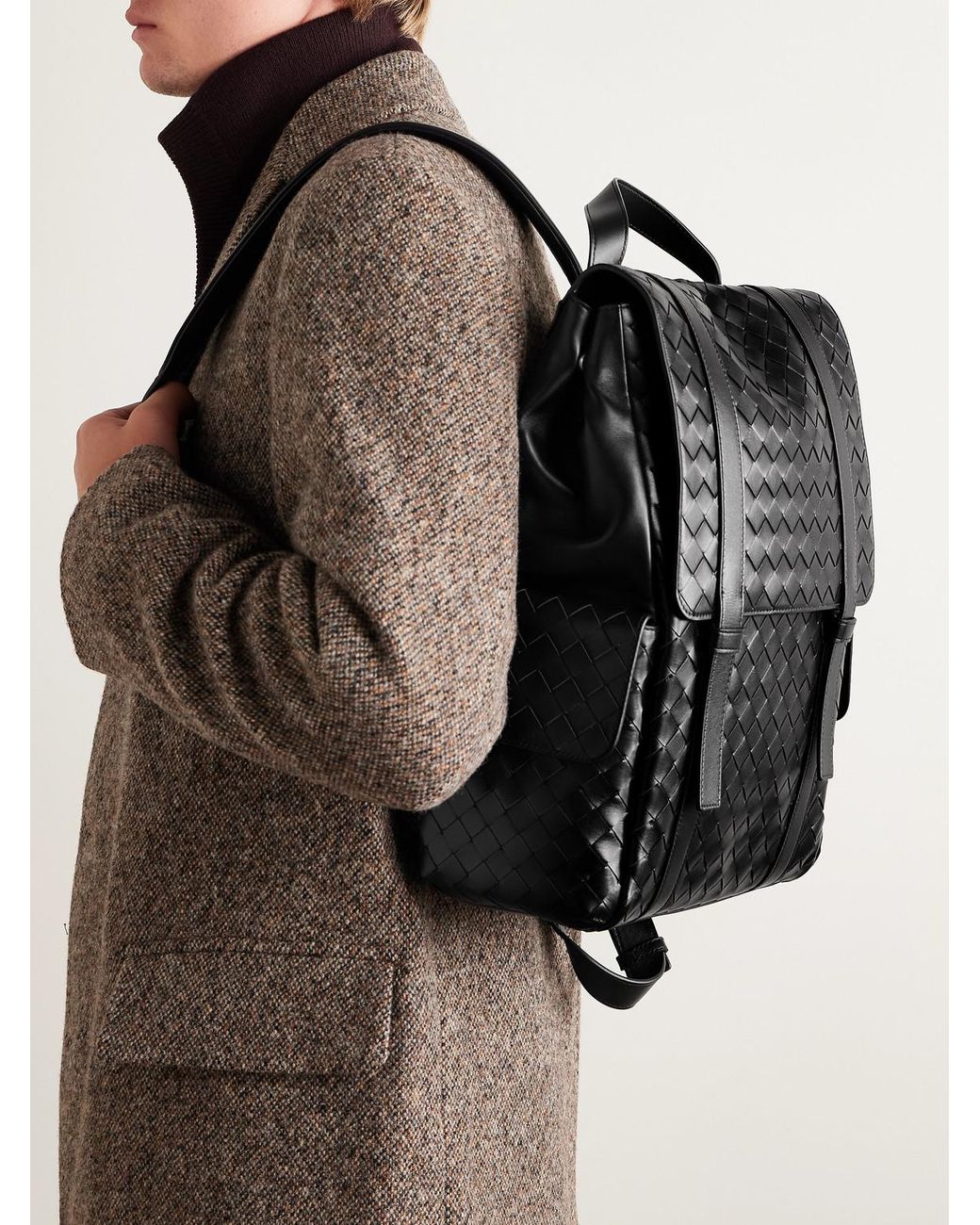 Bottega Veneta Black Intrecciato Leather Backpack for men