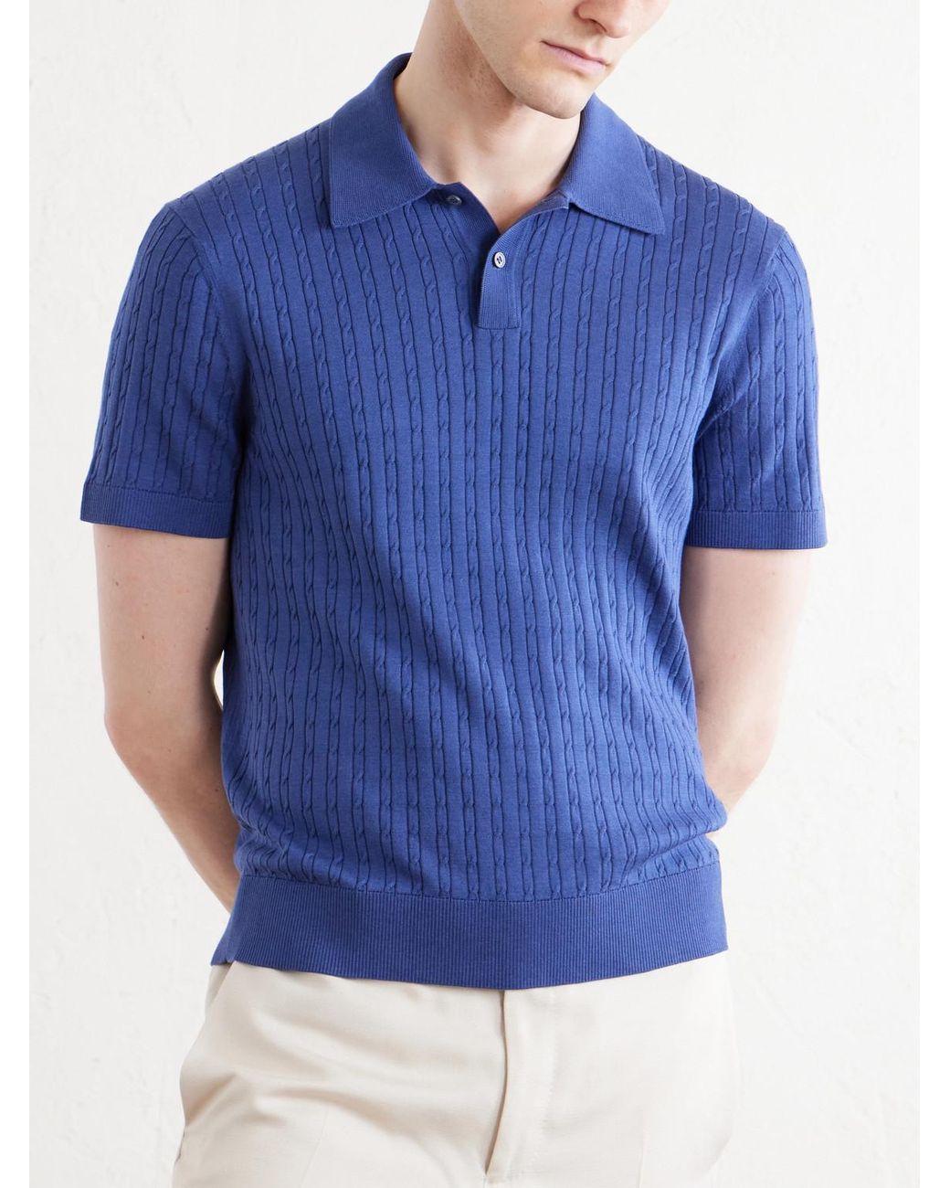 Dunhill Blue Cable-Knit Cotton And Mulberry Silk-Blend Polo Shirt for men