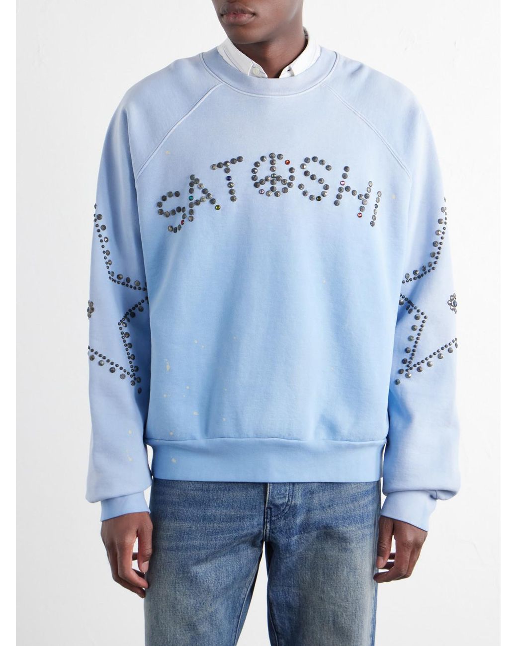 Satoshi Nakamoto Blue Star Stud-Embellished Paint-Splattered Cotton-Jersey Sweater for men