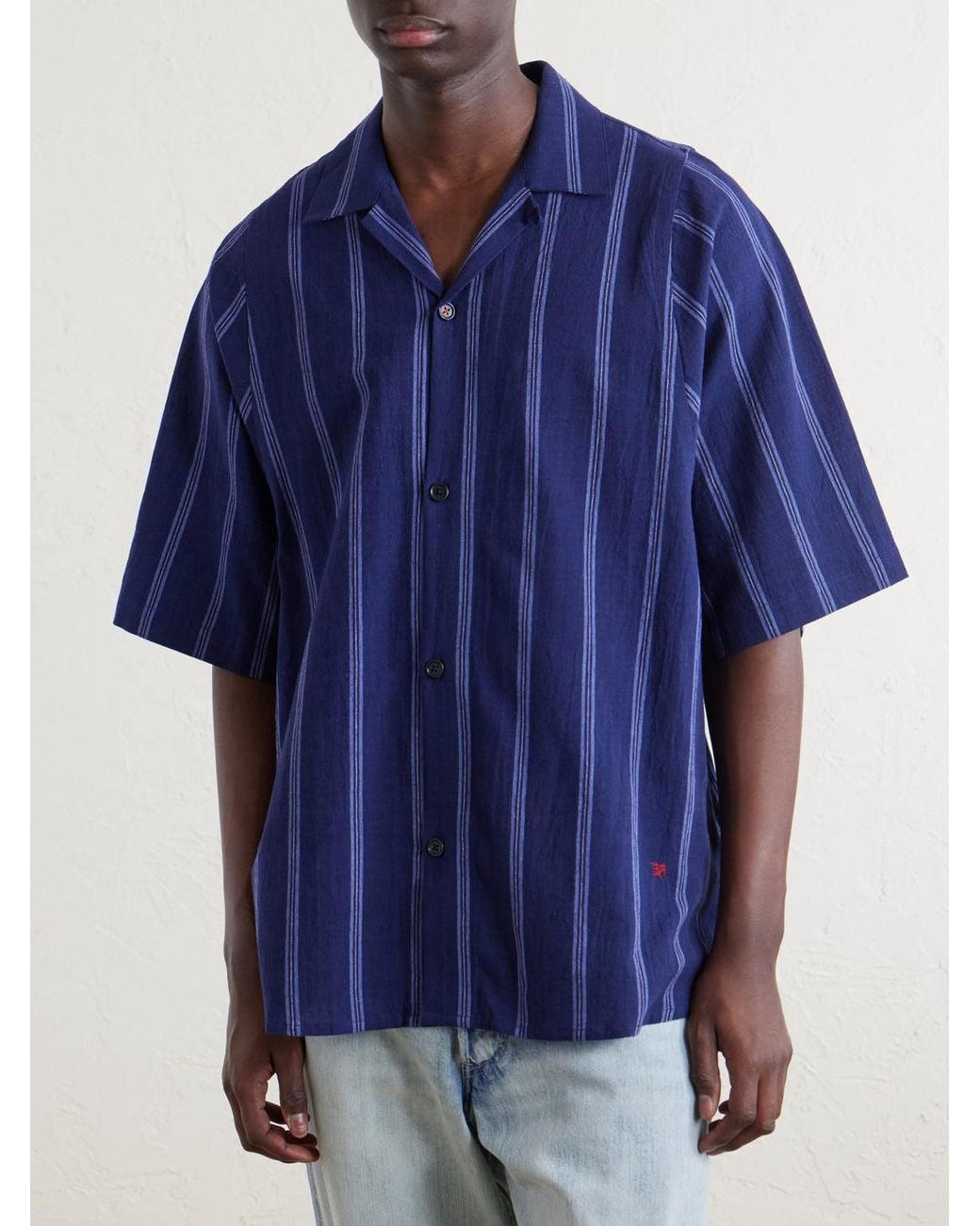 Kardo Blue Yusuke Camp-Collar Striped Cotton Shirt for men