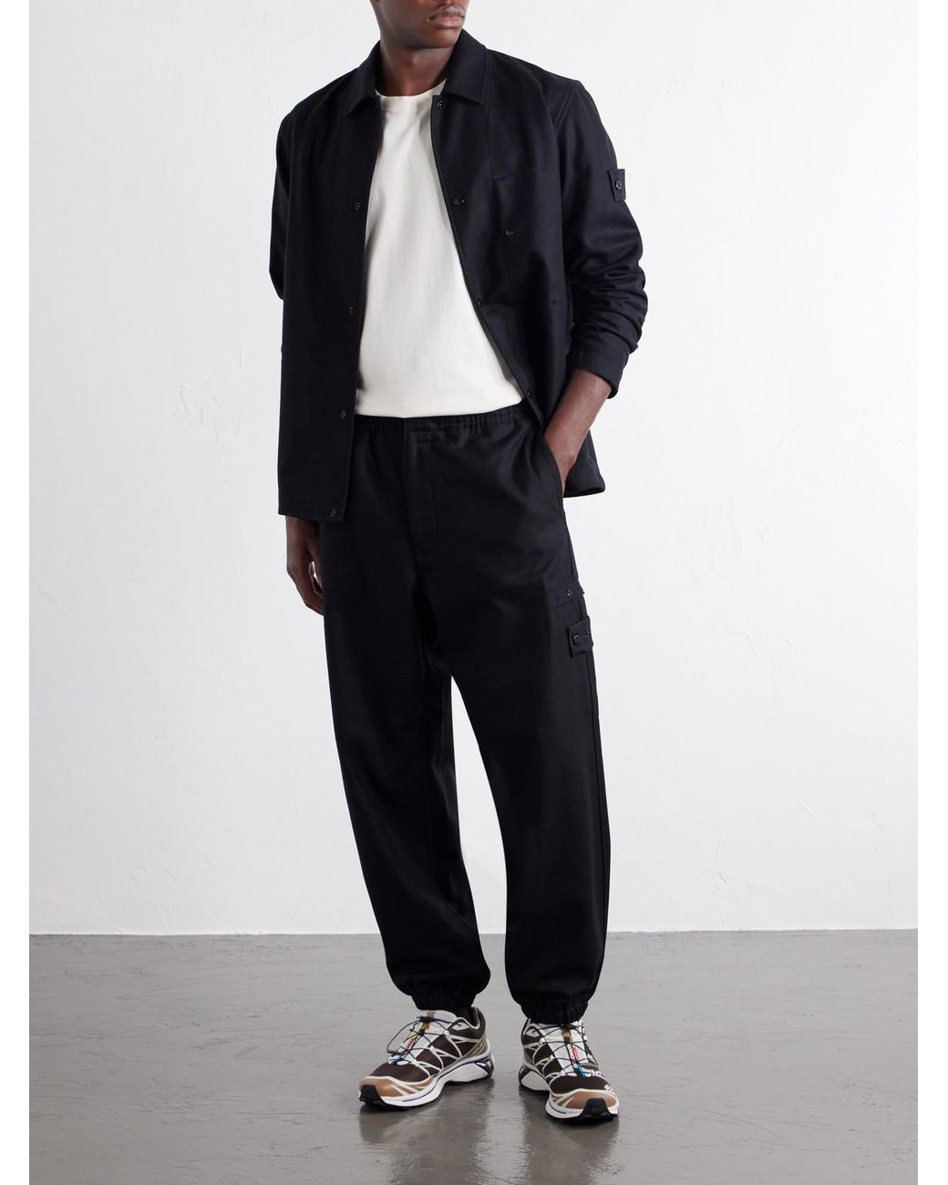 Stone Island Blue Ghost Tapered Wool And Nylon-Blend Flannel Drawstring Trousers for men