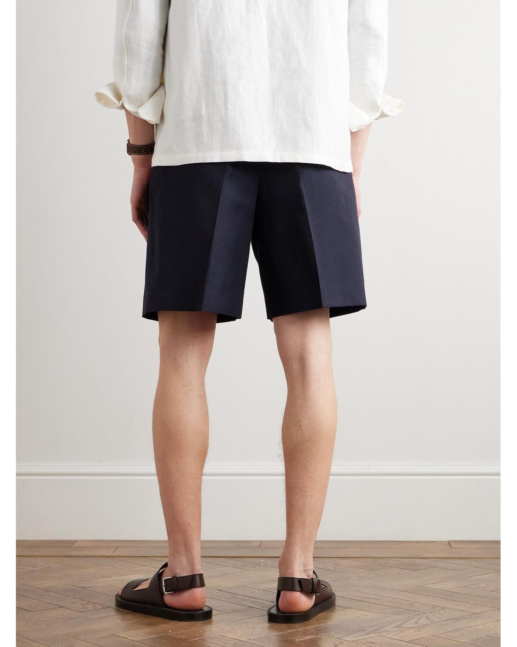 Loro Piana Blue Joetsu Straight-Leg Pleated Cotton And Linen-Blend Twill Bermuda Shorts for men