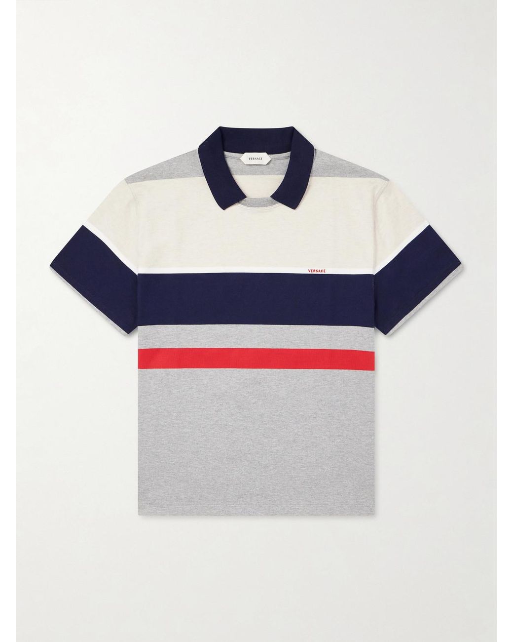 Versace Blue Logo-Embroidered Striped Cotton-Jersey Polo Shirt for men