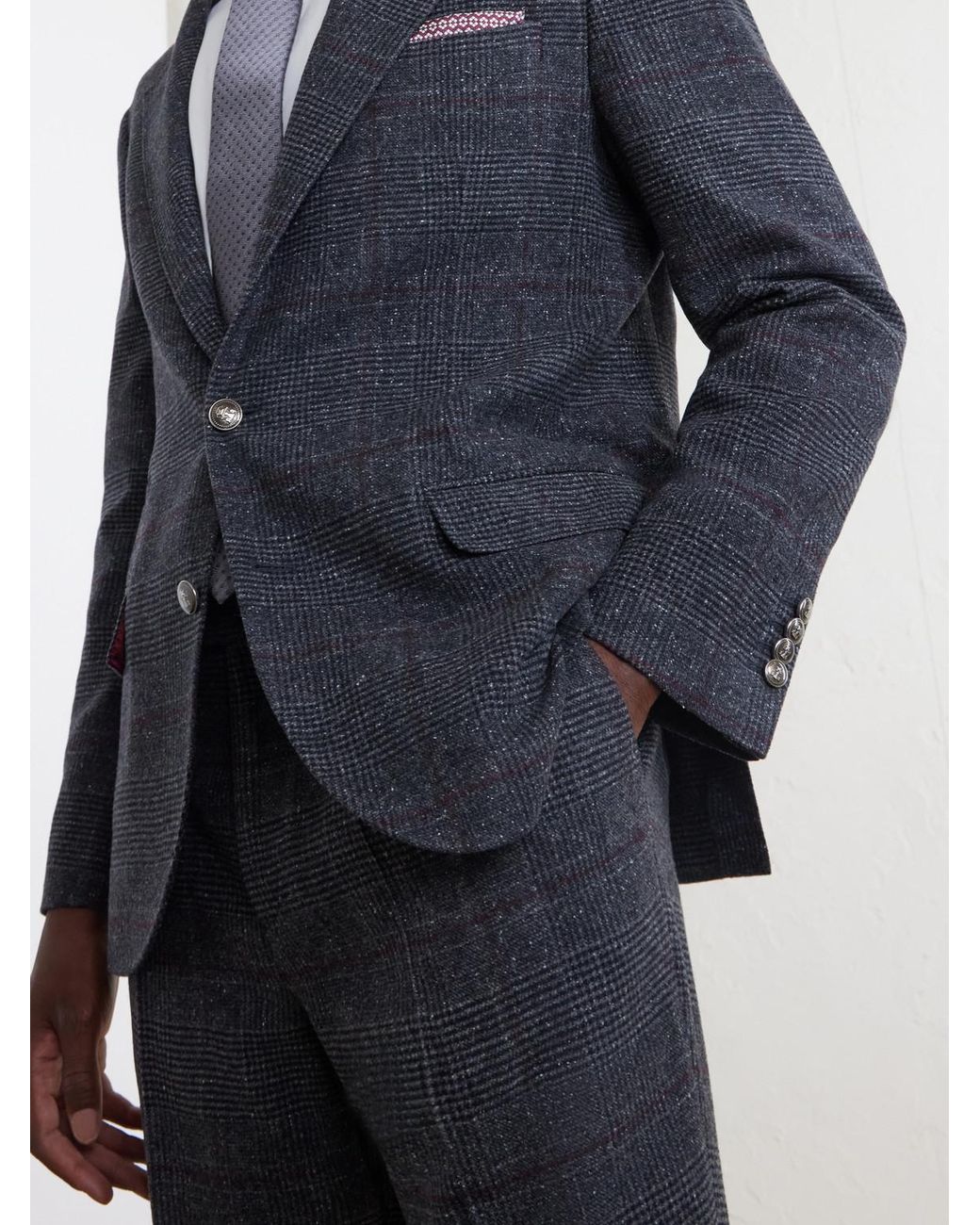 Brunello Cucinelli Black Checked Silk, Wool And Cashmere-Blend Suit Jacket for men