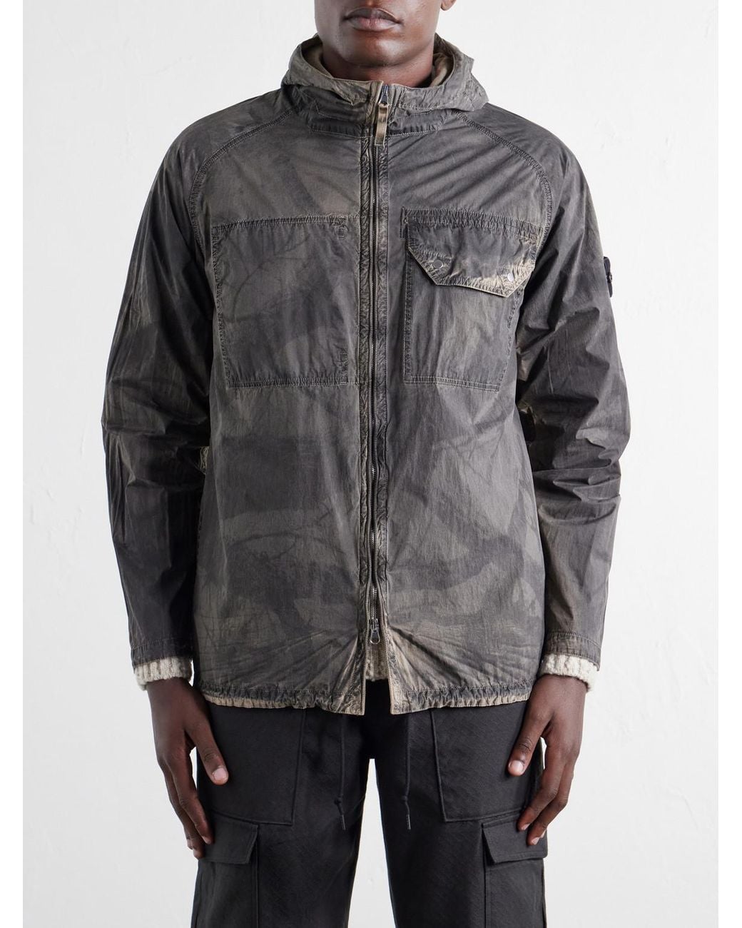 Stone Island Gray Garment-Dyed Printed Hooded Recycled Crinkle Reps Overshirt for men