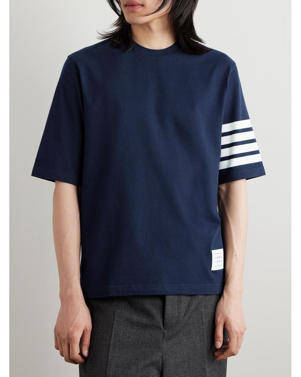 Thom Browne Blue Logo-Appliquéd Striped Cotton-Jersey T-Shirt for men