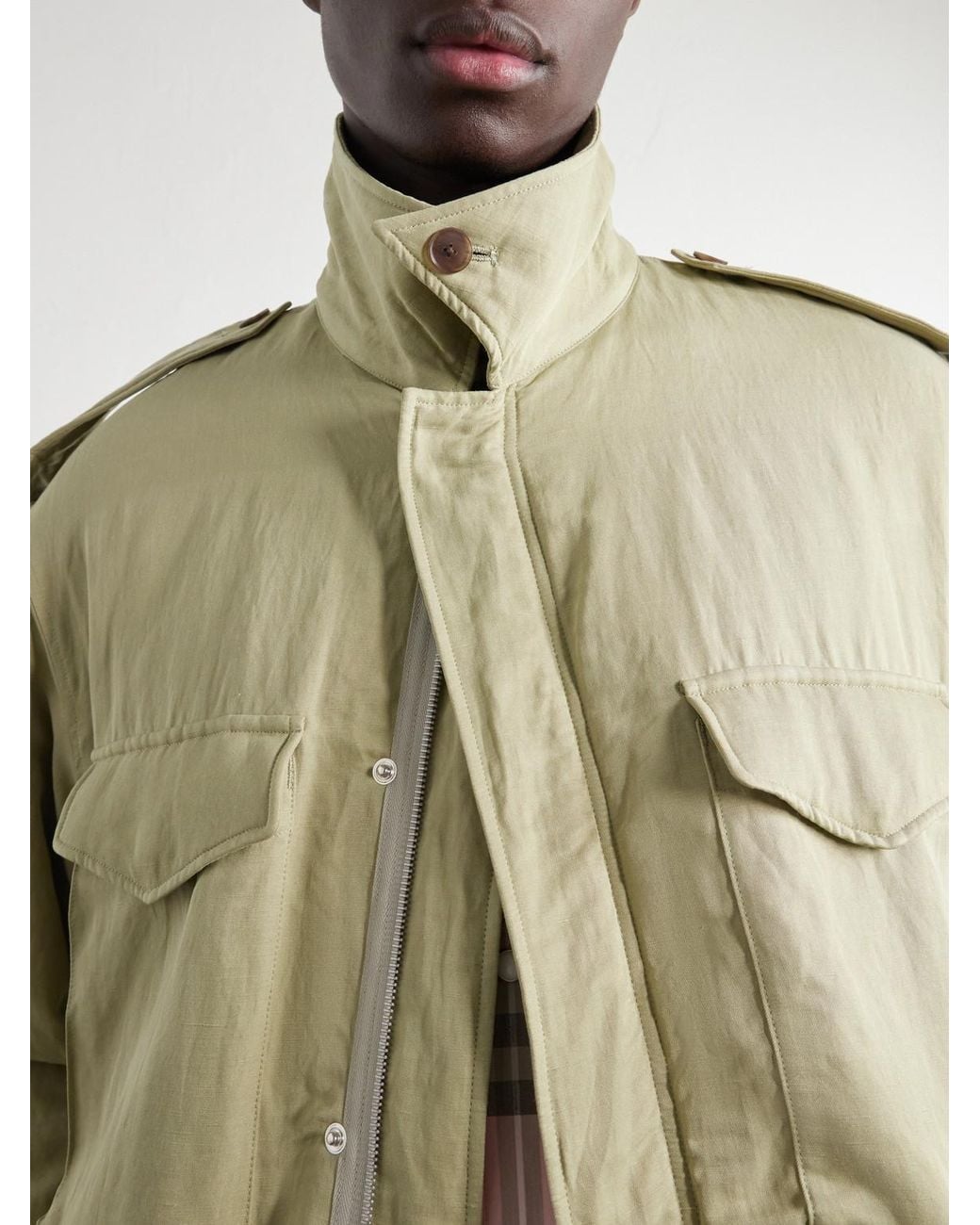 Auralee Green Padded Silk And Linen Parka for men