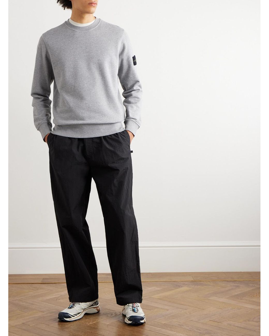 Stone Island Gray Logo-Appliquéd Garment-Dyed Cotton-Jersey Sweatshirt for men