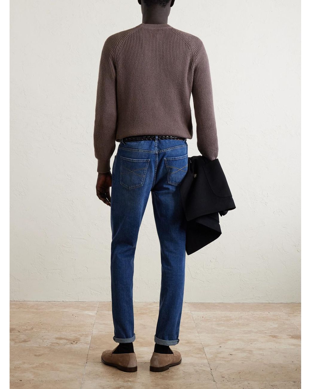 Brunello Cucinelli Brown Ribbed Cotton Sweater for men