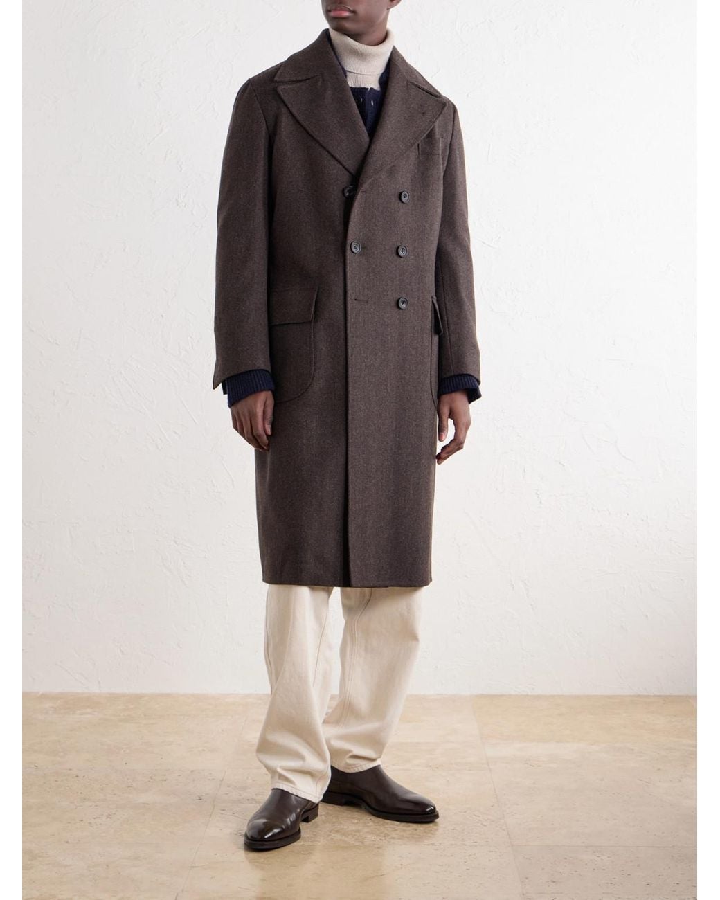 Rubinacci Brown Double-Breasted Herringbone Virgin Wool Twill Coat for men