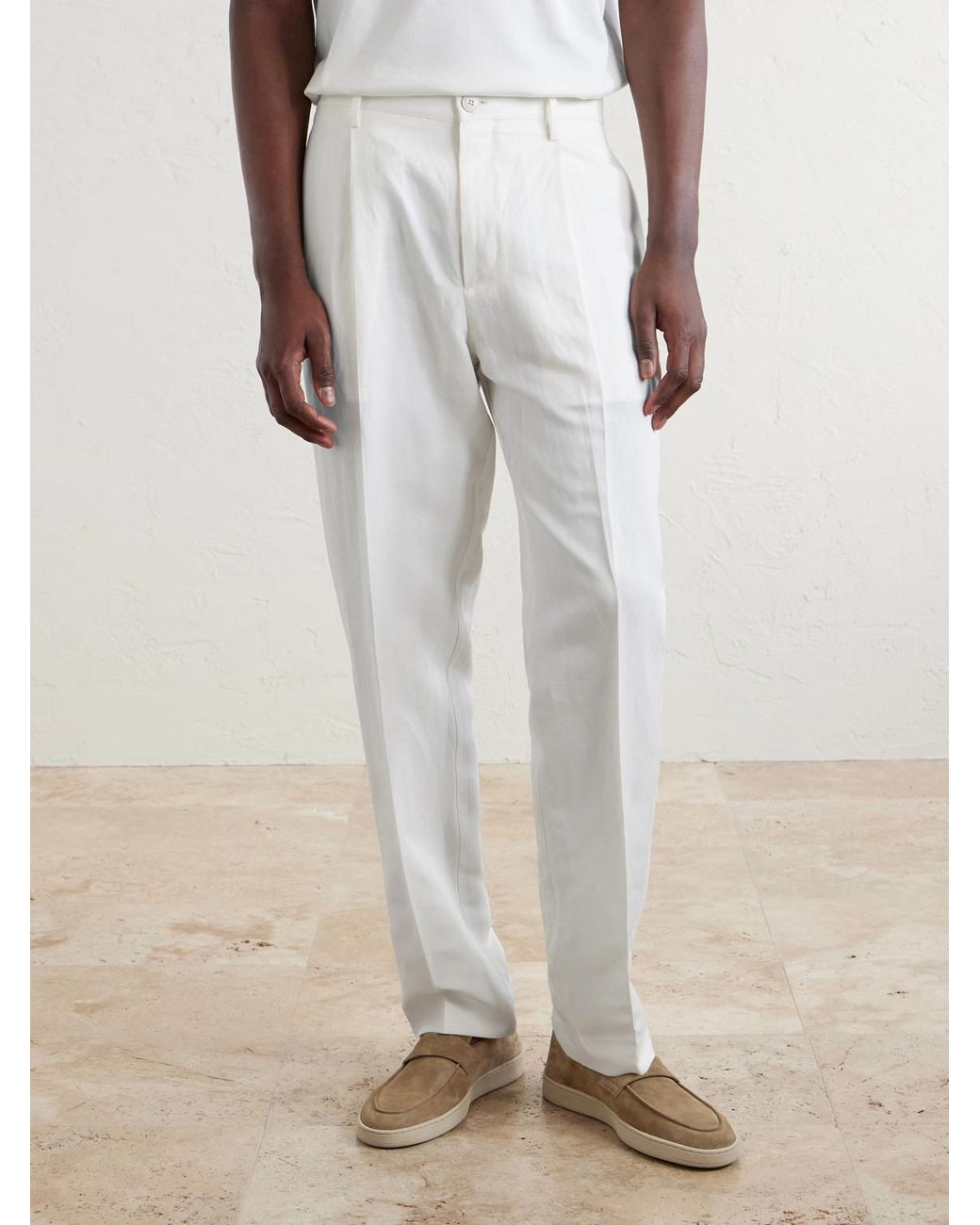 Canali White Mamhood Straight-Leg Pleated Linen And Silk-Blend Trousers for men