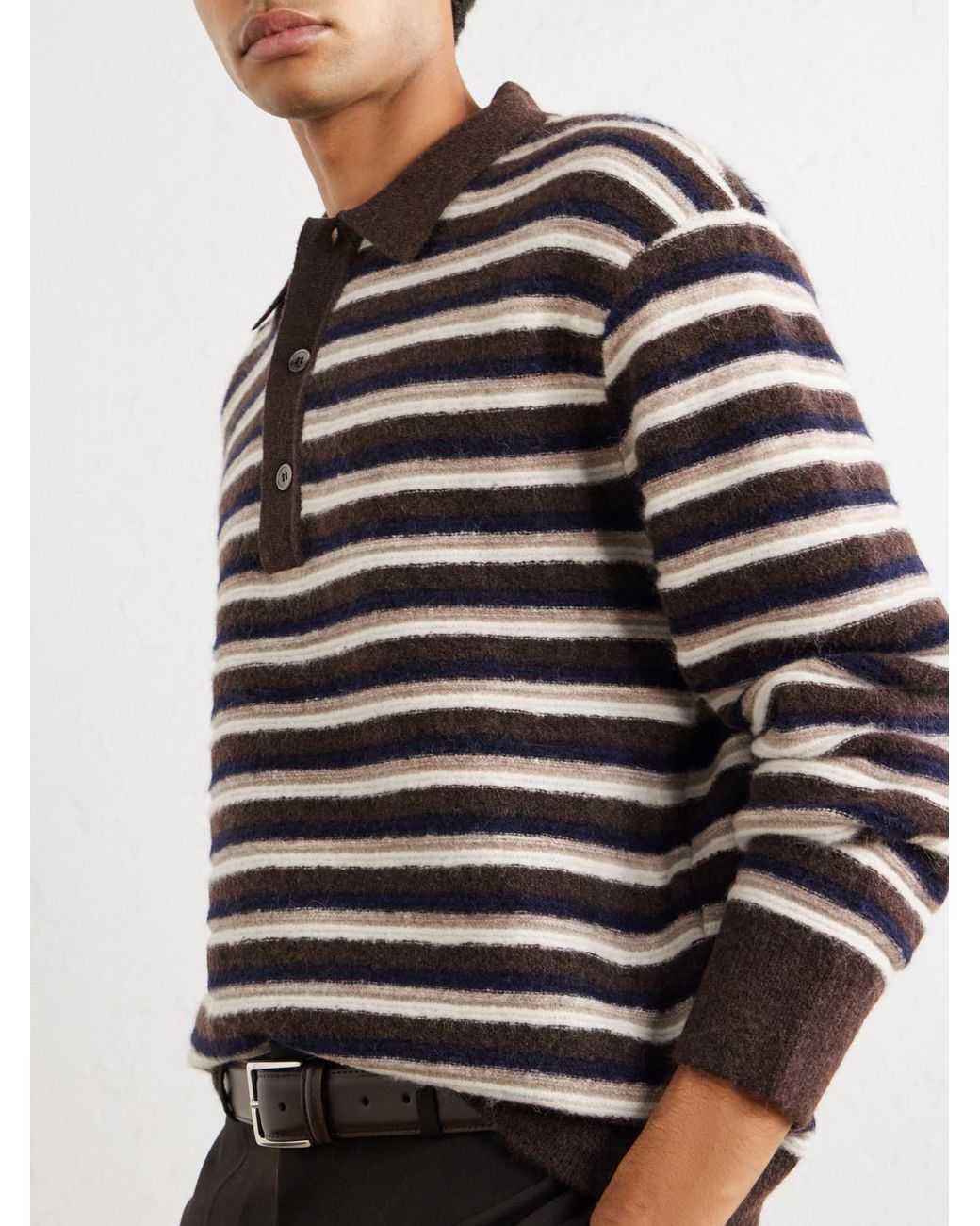 Officine Generale Brown Patchi Striped Wool-Blend Polo Shirt for men