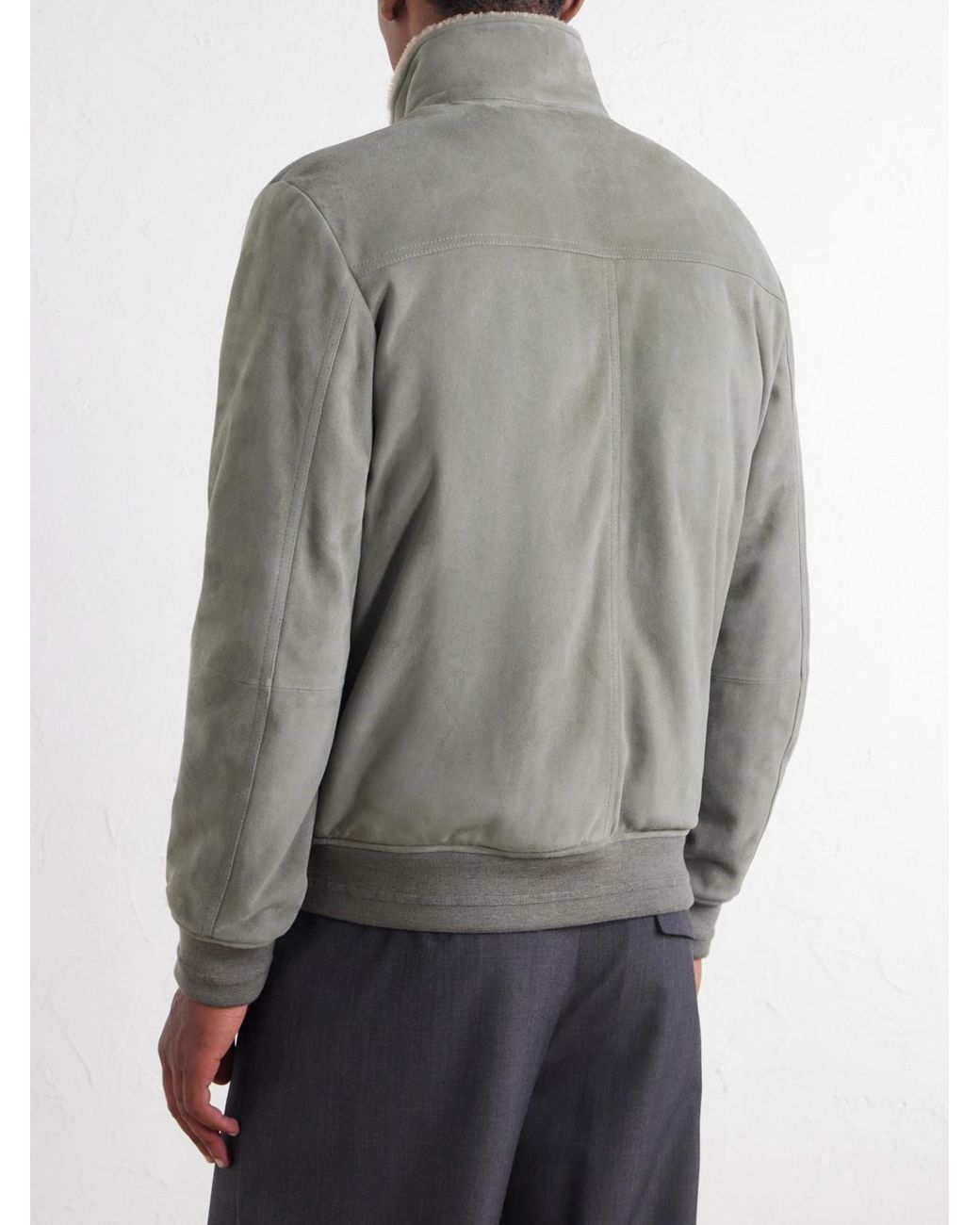Canali Gray Padded Shearling-Trimmed Suede Bomber Jacket for men