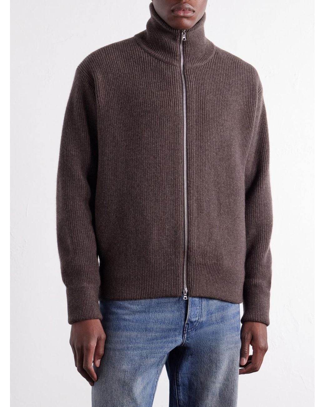 Ssstein Brown Ribbed Wool Zip-Up Cardigan for men