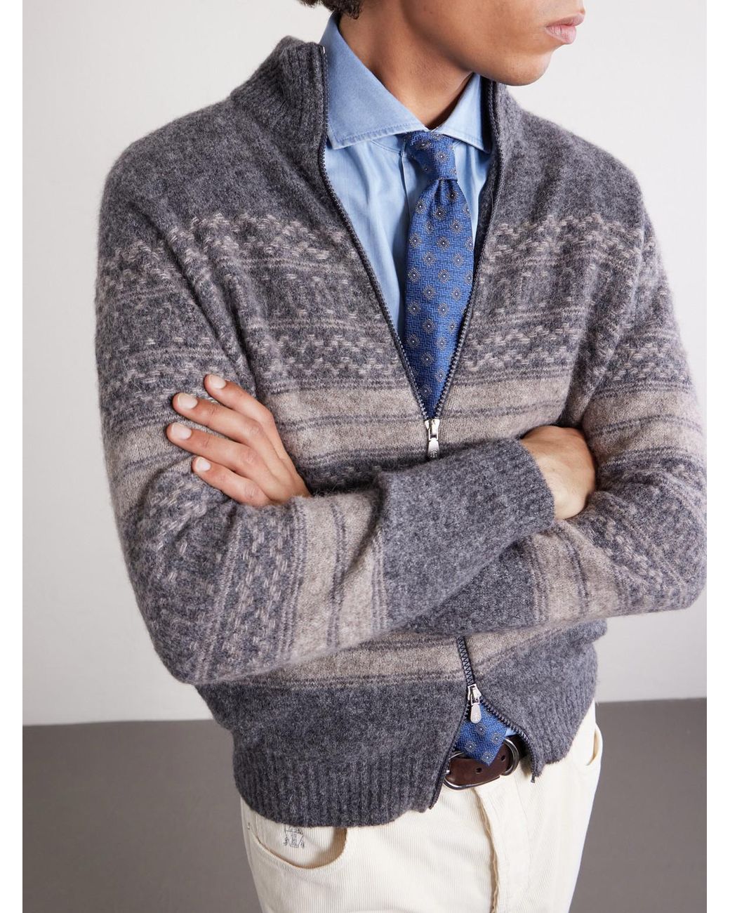 Brunello Cucinelli Gray Alpaca-Blend Zip-Up Sweater for men