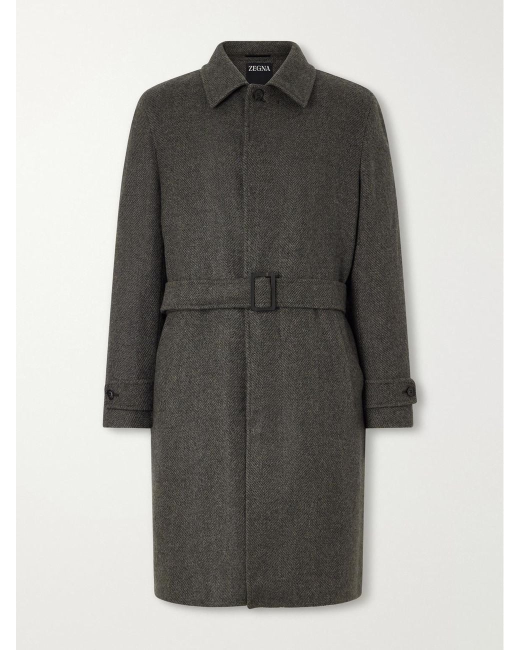 Zegna Gray Oasi Belted Herringbone Cashmere Trench Coat for men