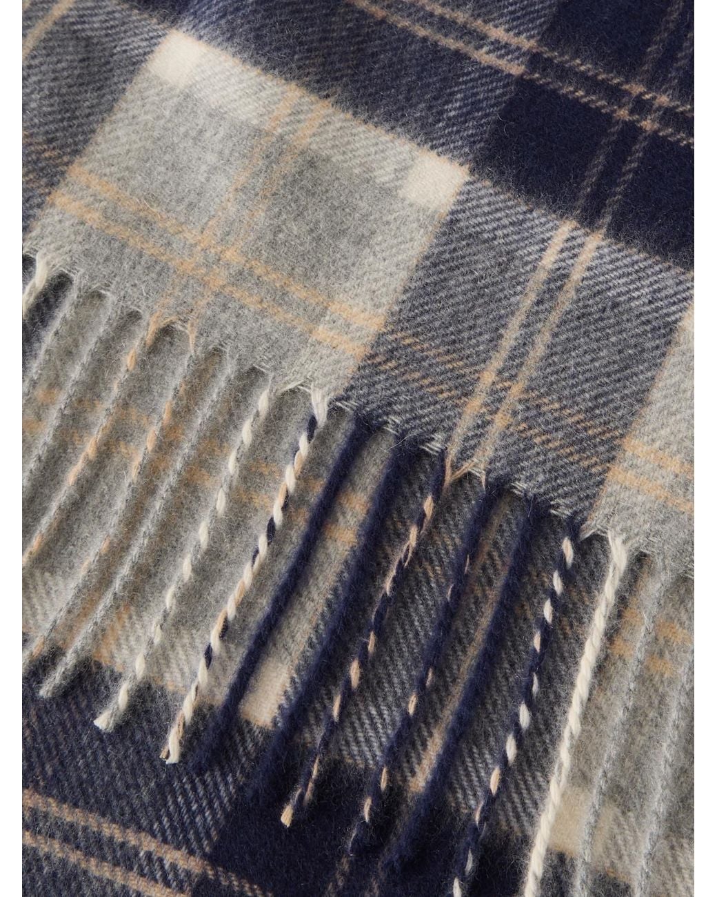 Johnstons Blue Fringed Checked Cashmere Scarf for men